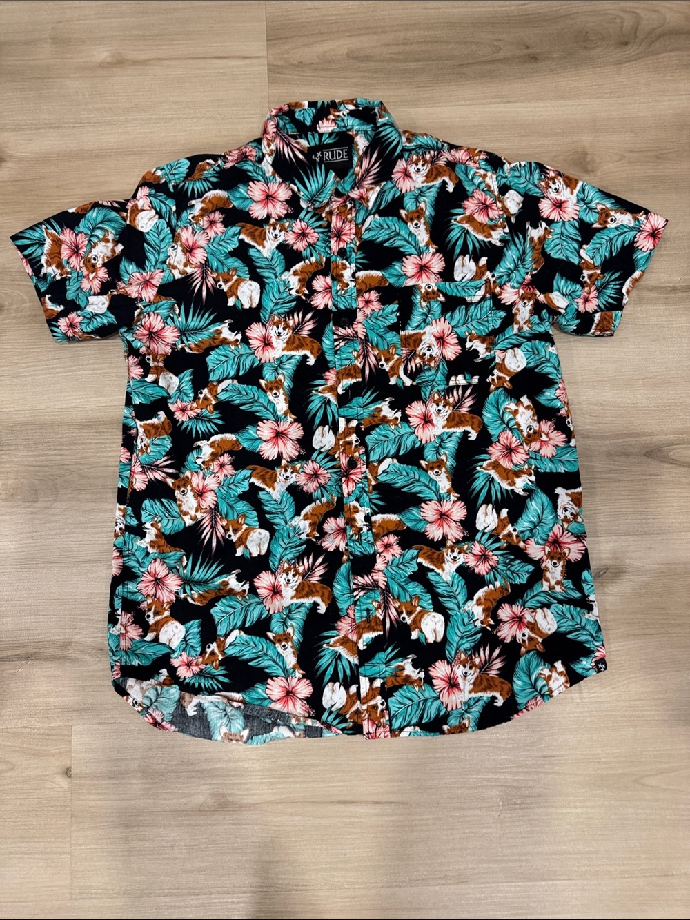 RUDE Medium Black Floral & Corgi Tropical Leaf Short-Sleeve Button-Down Shirt